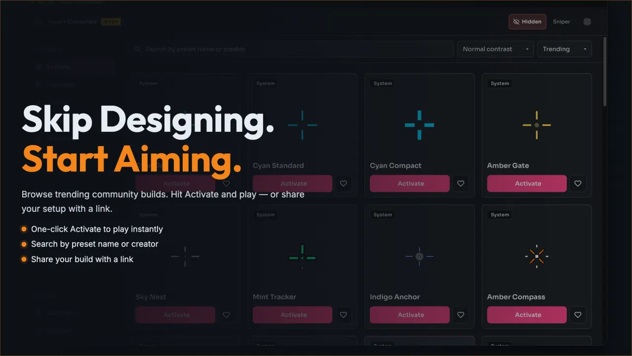 Community preset library with one-click crosshair setups in Epic Crosshair