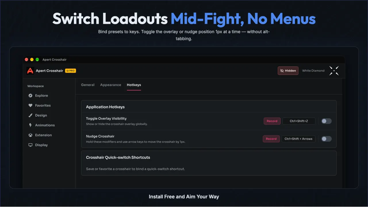 Hotkey control switching between saved crosshair loadouts in Epic Crosshair