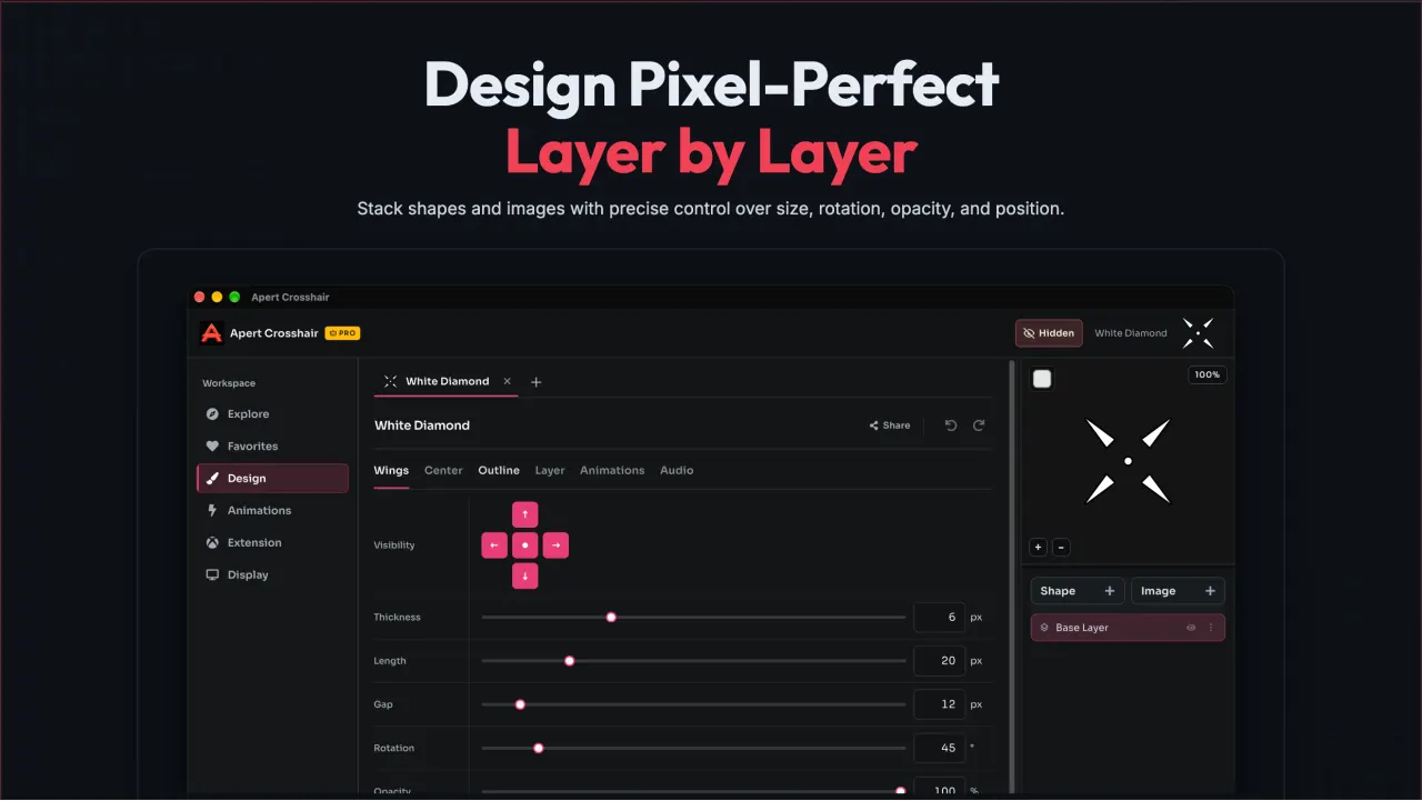 Layer-based crosshair editor stacking shapes and outlines in Epic Crosshair