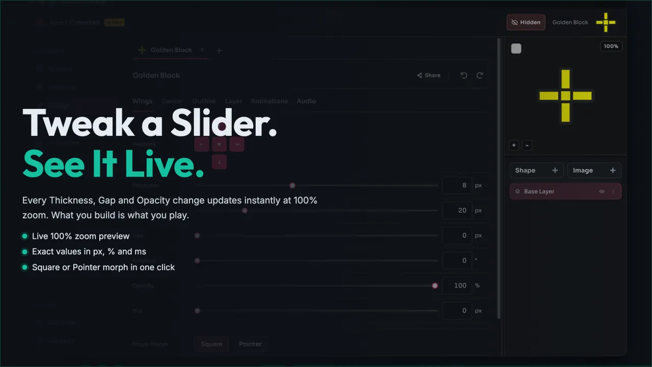 Live 100 percent zoom preview of crosshair edges in Epic Crosshair